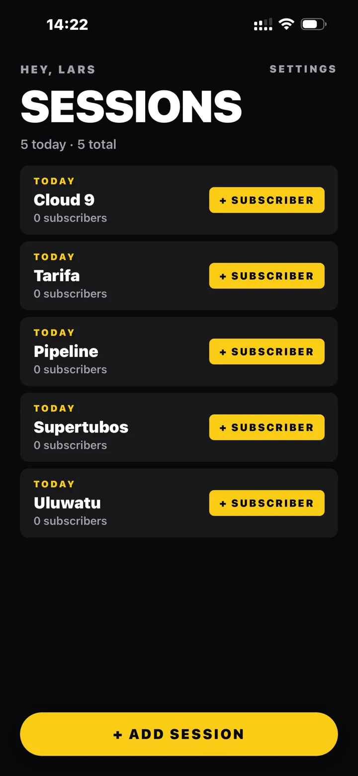 Sessions list with a + Subscriber button next to each draft and an + Add session button