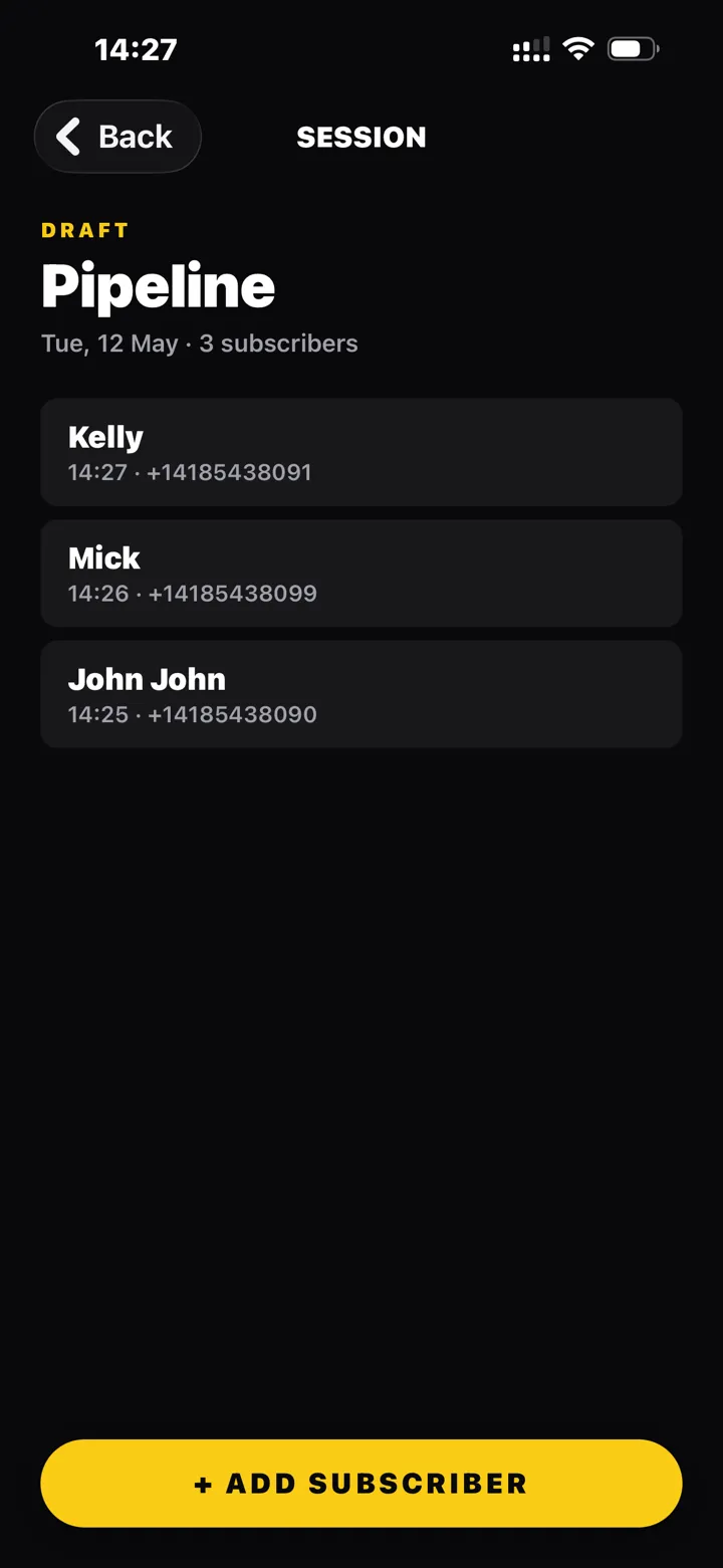 Session detail showing three subscribers and a + Add Subscriber button