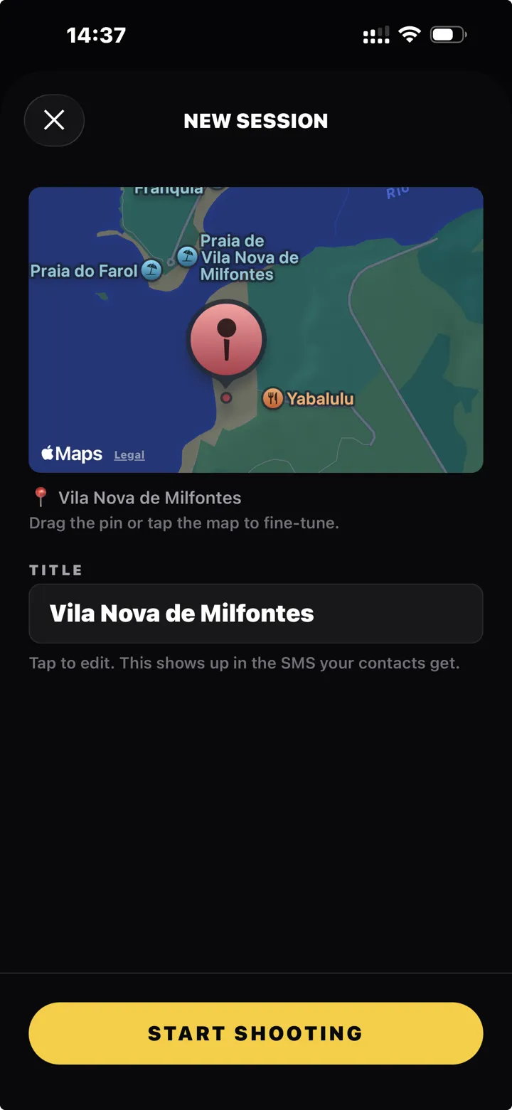 New session screen with map pin and title field