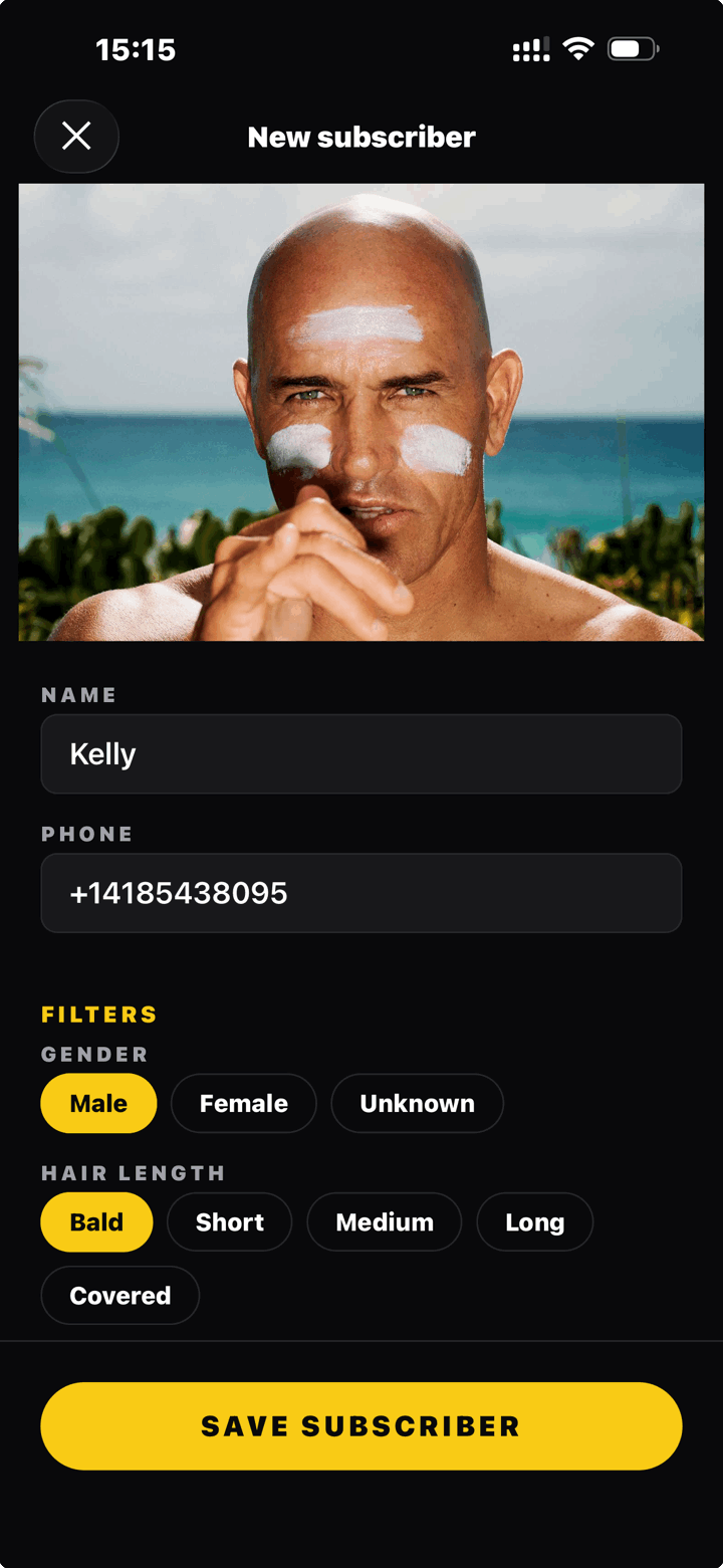 New subscriber form with a captured photo, name, phone and gender + hair length filter tags