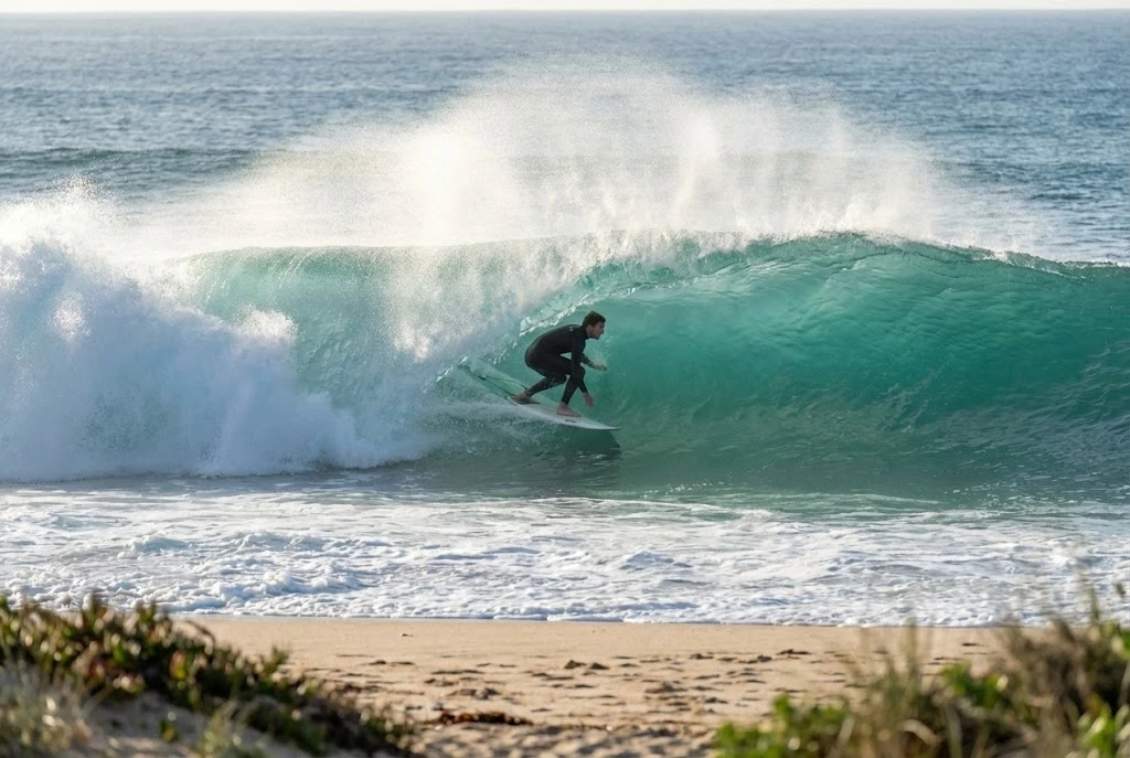 Surfer pulling into a clean barrel at sunrise