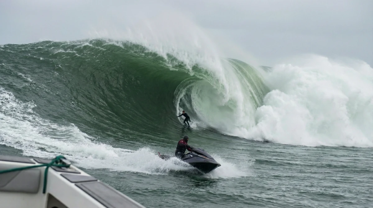Big-wave tow-in surfer with safety jet ski