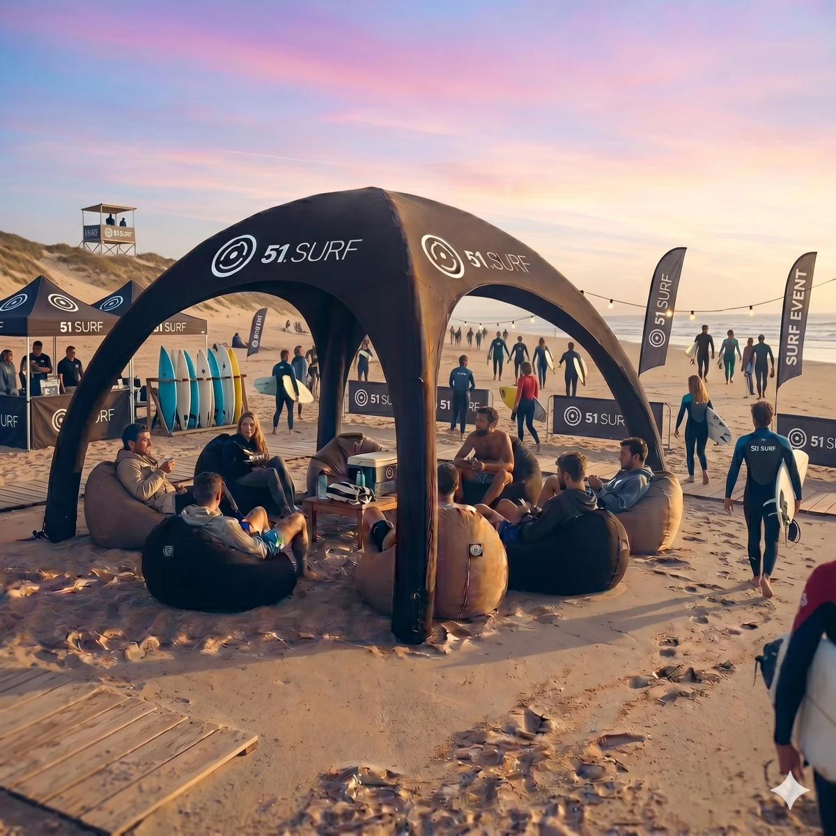 51 Surf branded event tent on the beach with bean bag seating